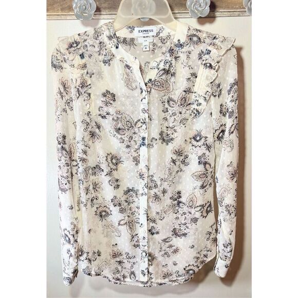 Express Tops - Express Portifino Slim Cream Pink & Black Paisley Sheer Ruffle Shoulder Button d